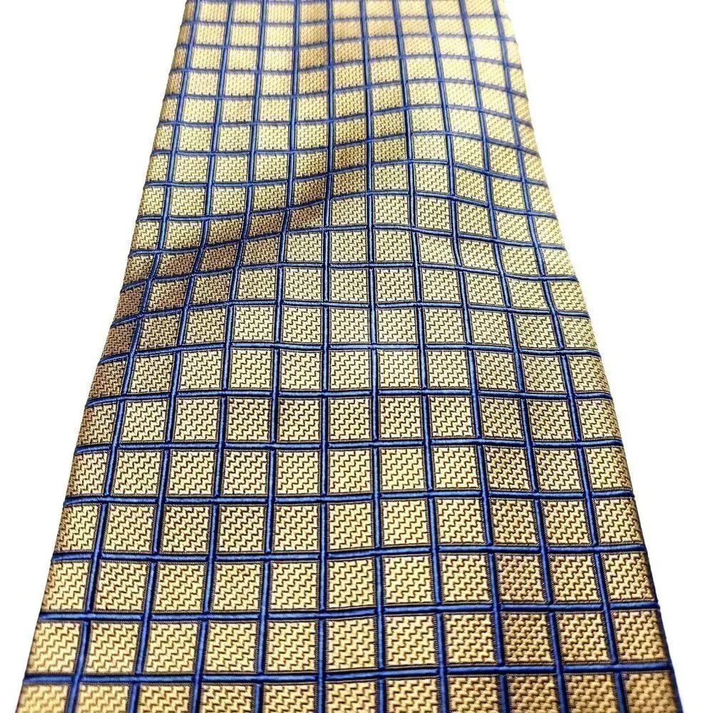 Lands End‎ Silk Tie Gold Blue Woven Geometric USA